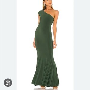Green Norma Kamali One Shoulder Fishtail Gown